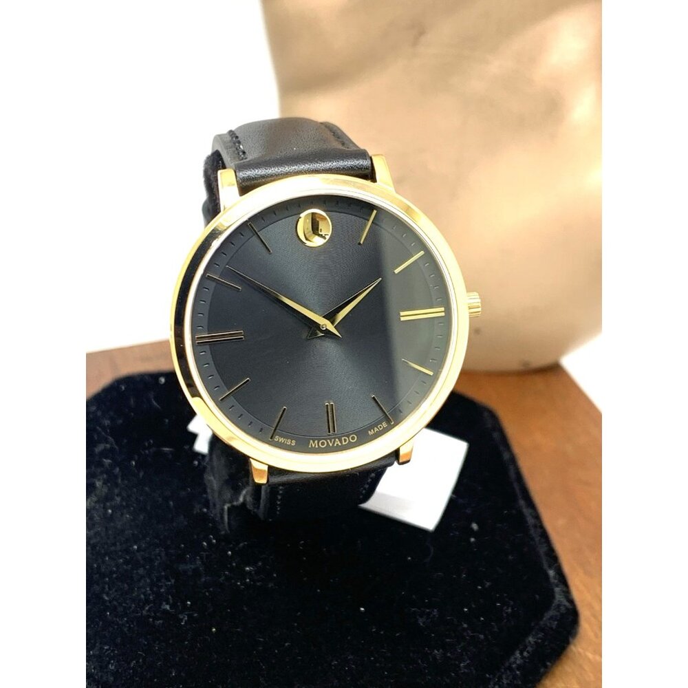 Movado Women's Watch 0607091 Swiss Quartz Slim Gold Black Dial Leather Band 35mm